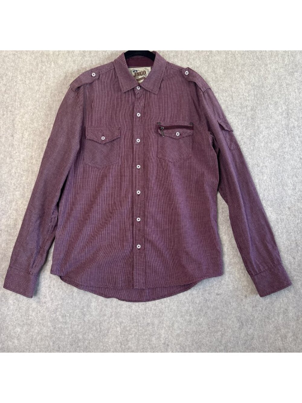Vtg JNCO Crown Brand Button Up Shirt Mens M Burgundy Purple Micro Check Goth Y2K